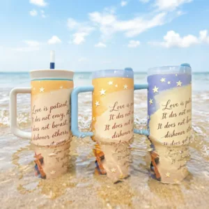 Selah Agape tumbler with 1 Corinthians 13:4-8, Love Never Fails stainless steel cup