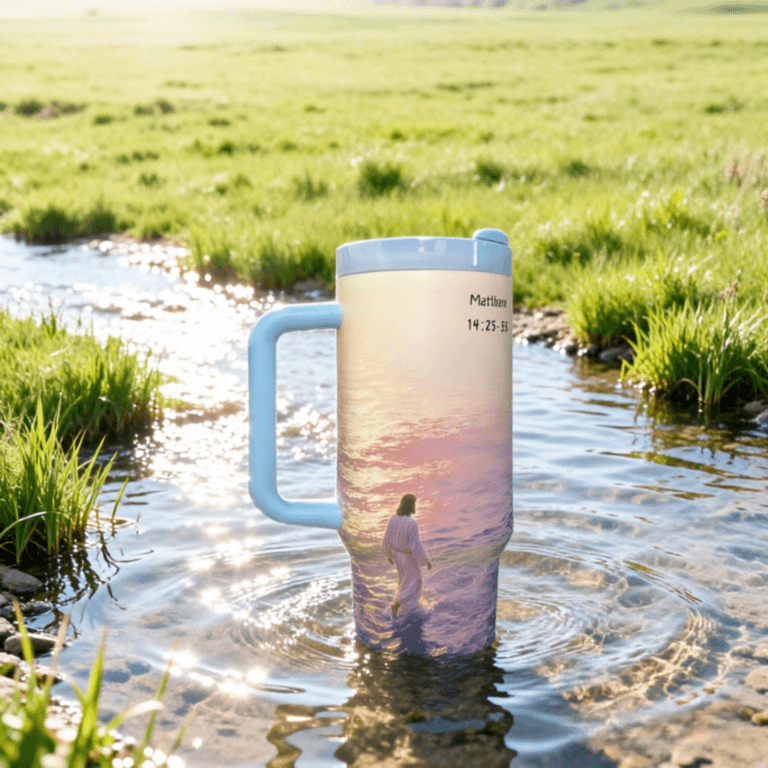 Selah Come tumbler featuring Matthew 14:22-33, 40oz stainless steel cup for daily devotion
