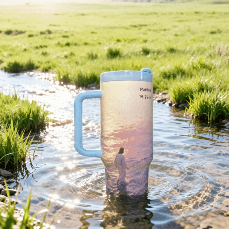 Selah Come tumbler featuring Matthew 14:22-33, 40oz stainless steel cup for daily devotion