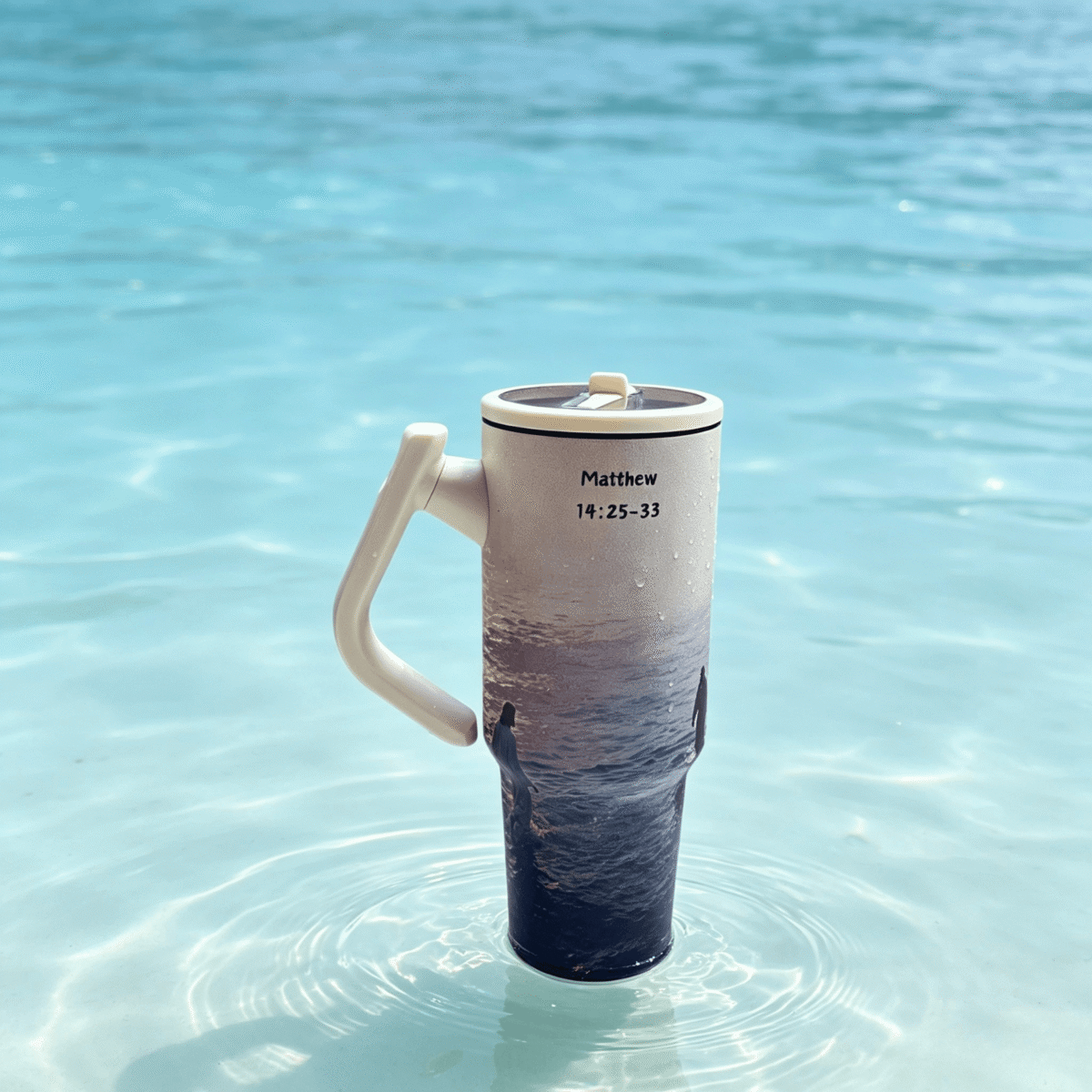 Selah Come tumbler featuring Matthew 14:22-33, 40oz stainless steel cup for daily devotion